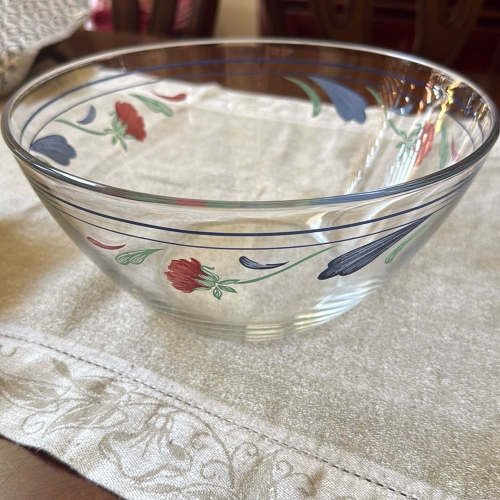 LENOX Poppies on Blue  Arcoroc France Glass  Salad Serving Bowl 9"x 4 1/2"